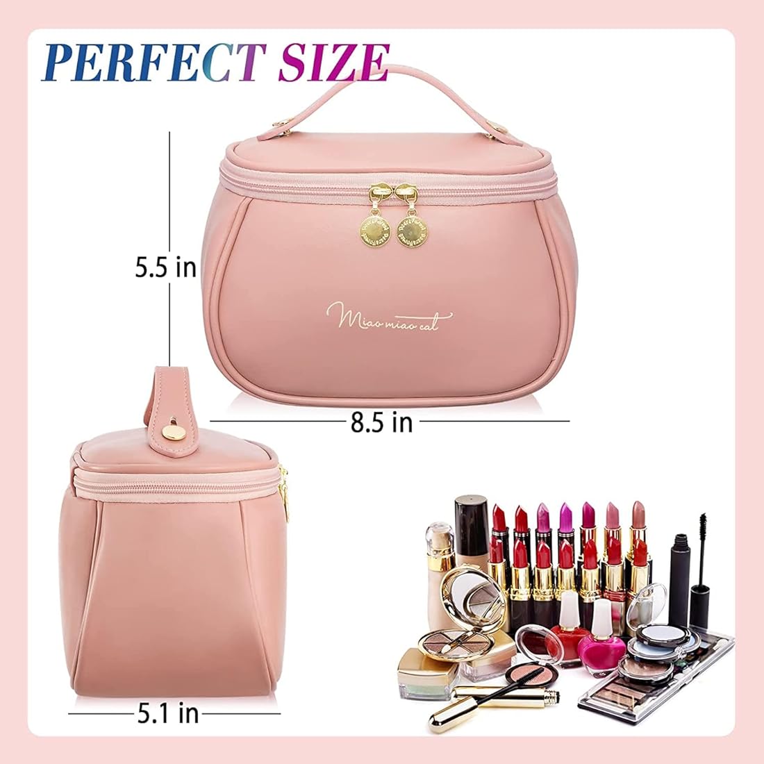 Makeup Bag, Portable Cosmetic Bag, Large Capacity Travel Makeup Organizer, Leather Cosmetic Brush Case for Women Toiletry Bag for Girls with Handle and Divide