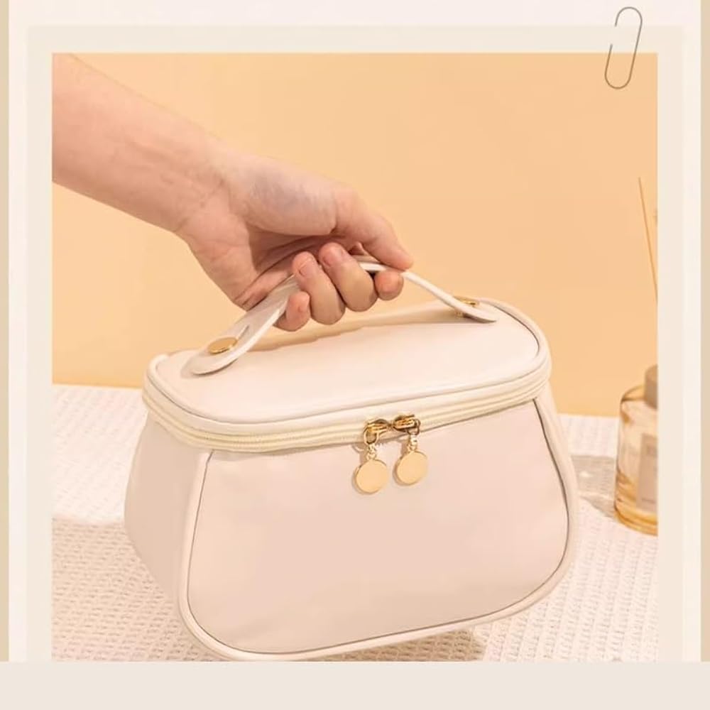 Makeup Bag, Portable Cosmetic Bag, Large Capacity Travel Makeup Organizer, Leather Cosmetic Brush Case for Women Toiletry Bag for Girls with Handle and Divide