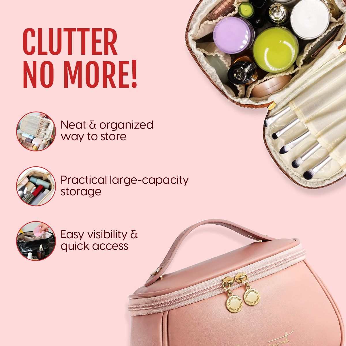 Makeup Bag, Portable Cosmetic Bag, Large Capacity Travel Makeup Organizer, Leather Cosmetic Brush Case for Women Toiletry Bag for Girls with Handle and Divide