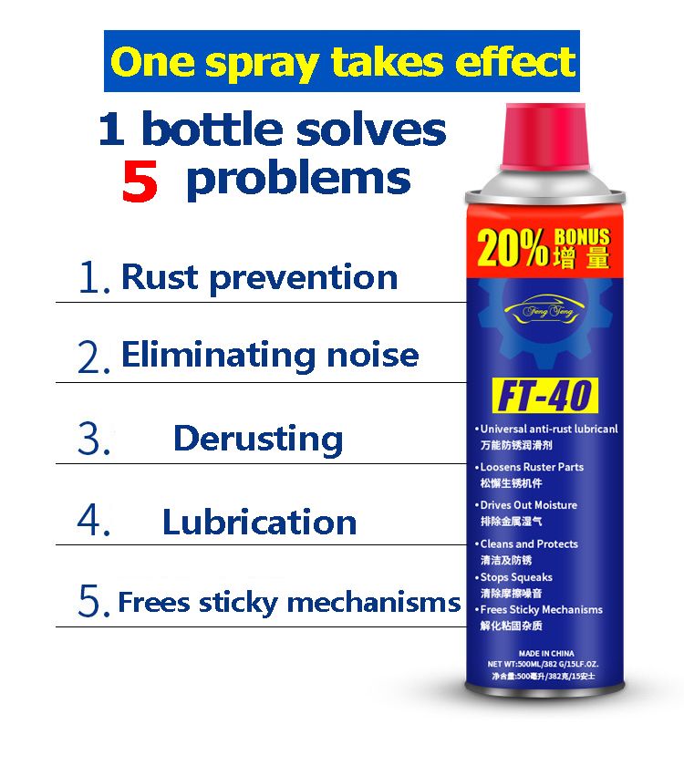 FT-40 Multi-Purpose Lubricant Spray – Rust Remover, Cleaner & Protector.Designed to penetrate stuck parts, reduce friction, and protect metal surfaces, it is ideal for household, automotive, workshop.