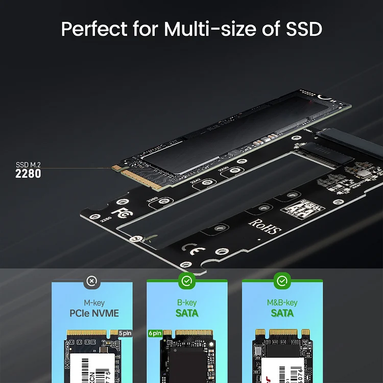 Combo M.2 NGFF B-Key & mSATA SSD to USB Type-C Converter Case Enclosure with Switch This product exclusively supports M.2 NGFF (SATA protocol) interface and does not support NVME and PCI-E protocol.