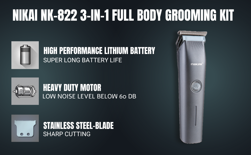 Nikai NK-822 Rechargeable 3-in-1 Hair Clipper & Shaver – Black the high-precision steel blades deliver a snag-free trim, while the powerful rechargeable battery ensures consistent performance.