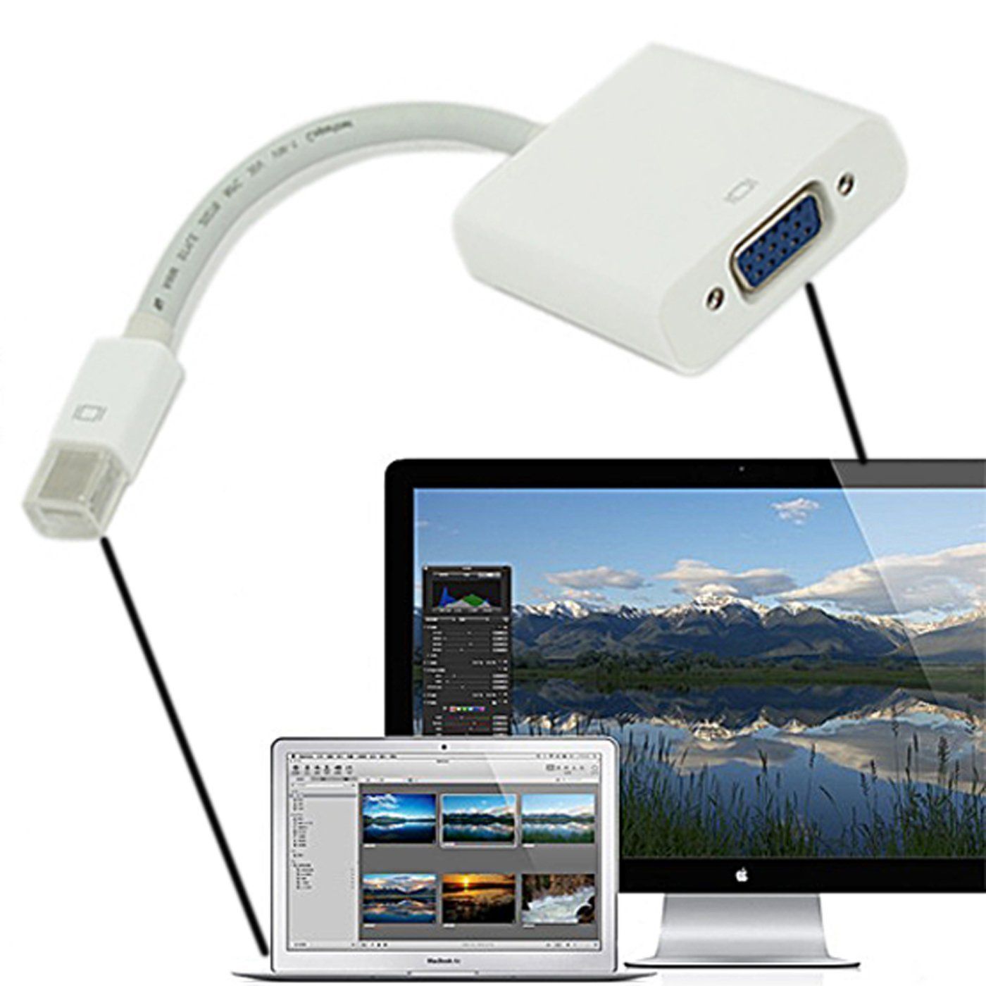 MacBook Air Pro Thunderbolt Mini DisplayPort Display Port Mini DP To VGA Cable Adapter 1080P For HDTV Monitoris compatible with mini display to VGA ports as well as Thunderbolt 1 and Thunderbolt 2 I/O