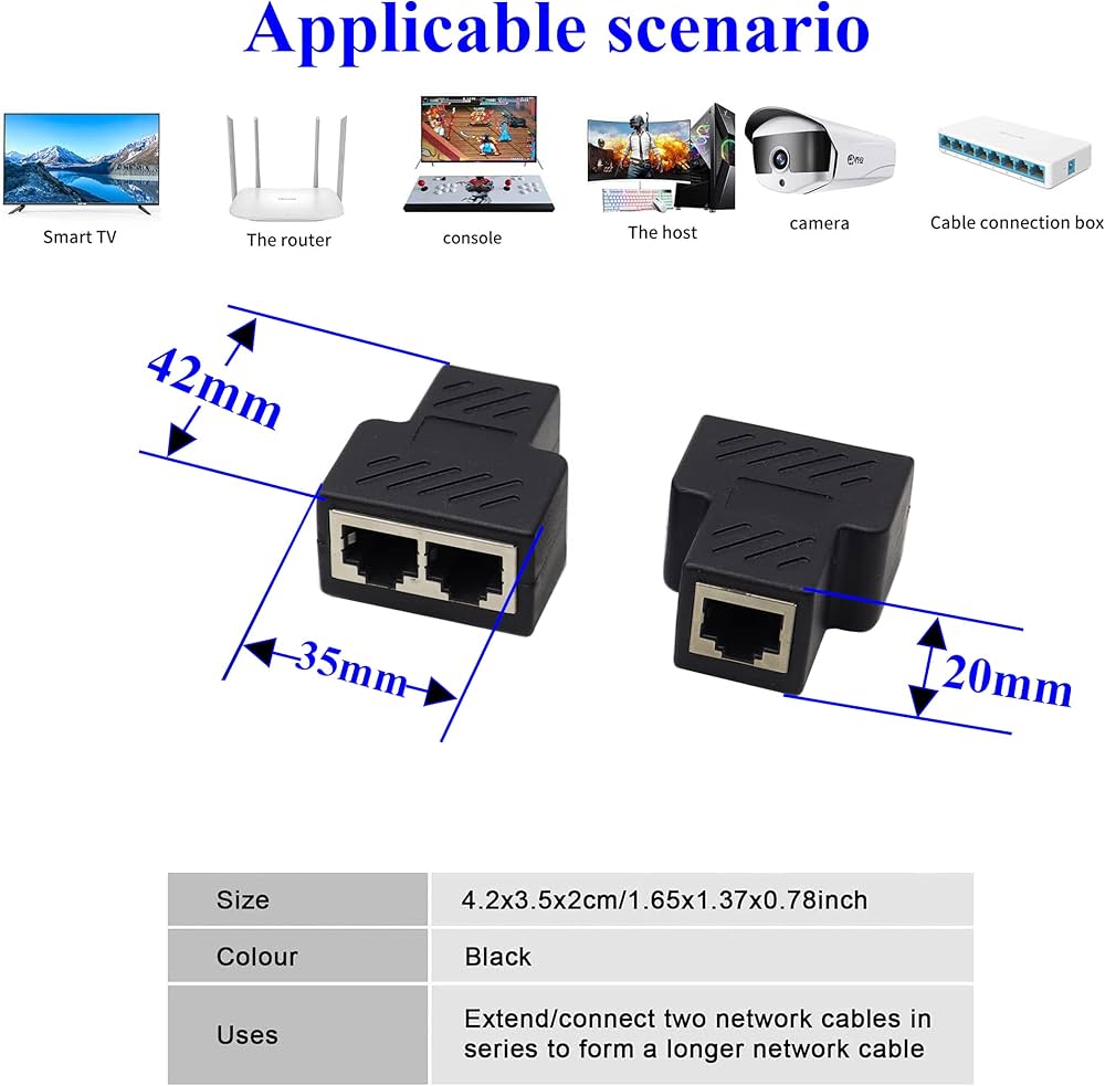Practical Rj45 Splitter Adapter Port Cat5/6 Lan Ethernet Cable High Performance 1 To 2 Ways Dual Female Switching Onleny to allow two devices to surf the Internet simultaneously.