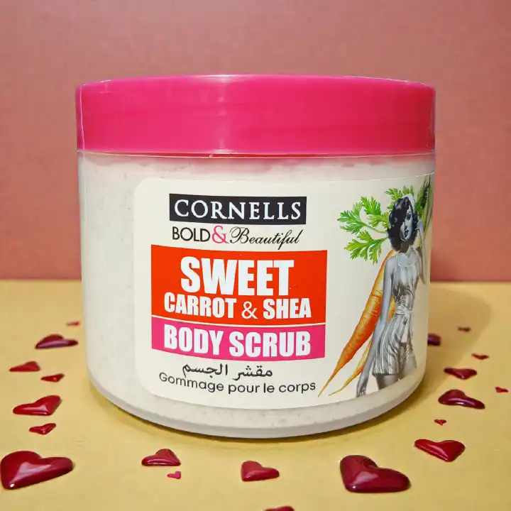Cornells Body Scrub& Beautiful Sweet Carrot & Shea Body Scrub, a luxurious exfoliating treatment designed to revitalize and nourish the skin.