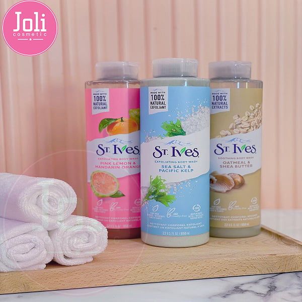 St Ives BODY WASH 450ml Pacific kelp extracts, and 100% natural walnut shell powder, our exfoliating body wash purifies and exfoliates for smooth skin, while cleansing with a sudsy sumptuous lather.