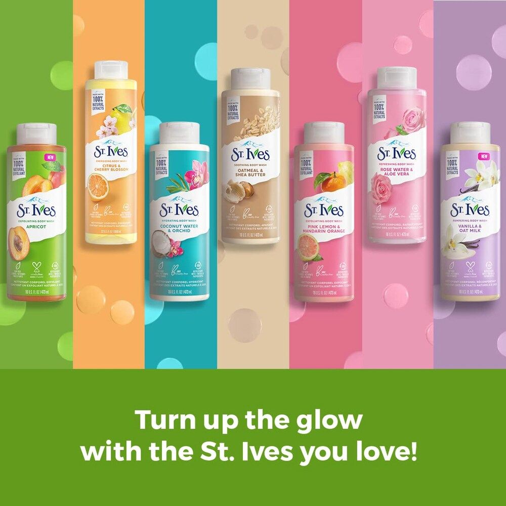 St Ives BODY WASH 450ml Pacific kelp extracts, and 100% natural walnut shell powder, our exfoliating body wash purifies and exfoliates for smooth skin, while cleansing with a sudsy sumptuous lather.