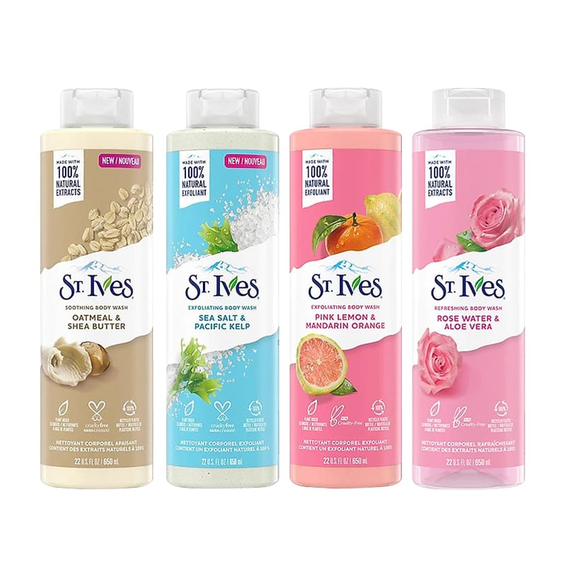 St Ives BODY WASH 450ml Pacific kelp extracts, and 100% natural walnut shell powder, our exfoliating body wash purifies and exfoliates for smooth skin, while cleansing with a sudsy sumptuous lather.