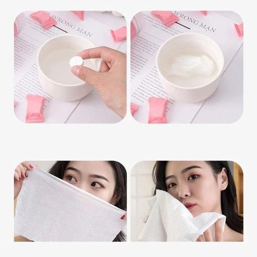 Magic Compact Towels Pack Of 20 Pieces Coin Tissues Towel is made of non-woven cotton, which is hygiene and biodegradable, no spices, no preservatives, no alcohol and no fluoresce.