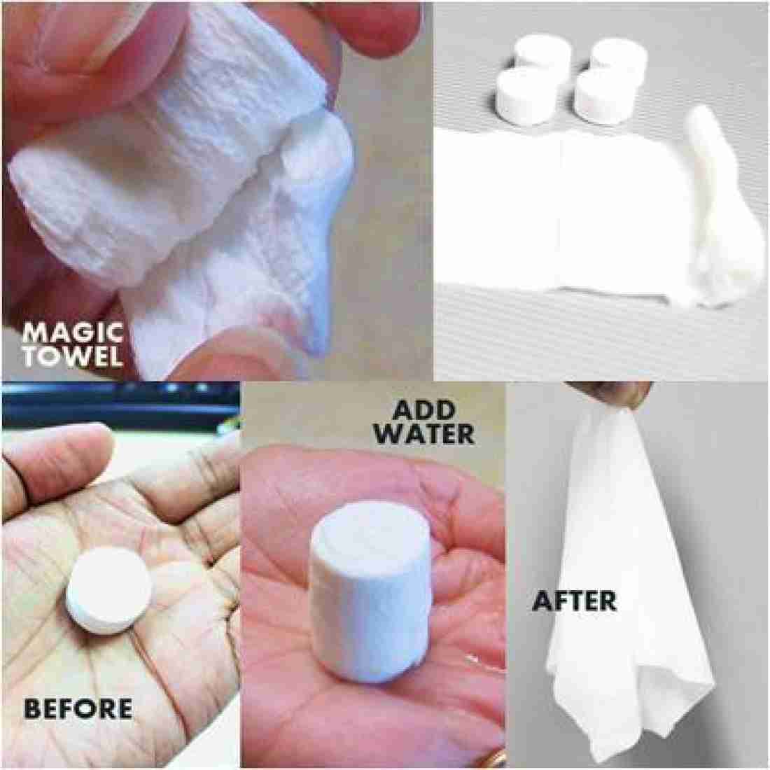 Magic Compact Towels Pack Of 20 Pieces Coin Tissues Towel is made of non-woven cotton, which is hygiene and biodegradable, no spices, no preservatives, no alcohol and no fluoresce.
