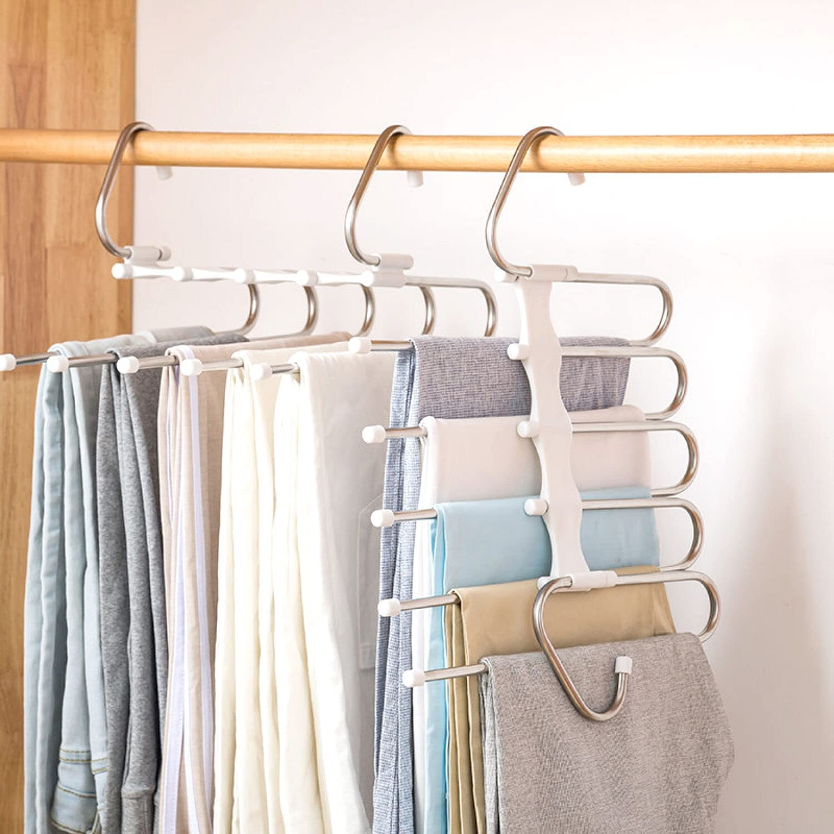 Trouser Hanger 2 Pack Multilayer Clothes Hanger, Trouser Hanger Space Saving, Wardrobe Stainless Steel Rack Space Saving, Clothes Hanger Tie Scarf Shock Absorber Jeans Towel Clothes.