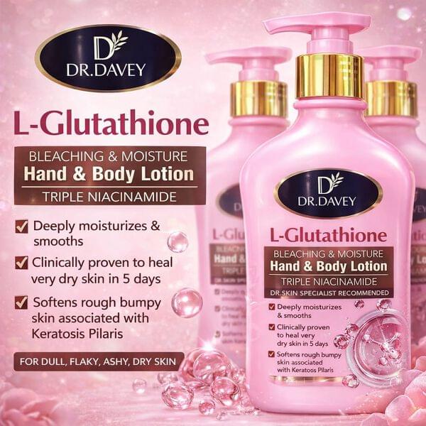 dr davey L- glutathione bleaching and moisture hand and body lotion triple niacinamide deeply moisturizes and smooths clinically proven to heal dry skin in 5 days softens rough bumpy skin 500ml .