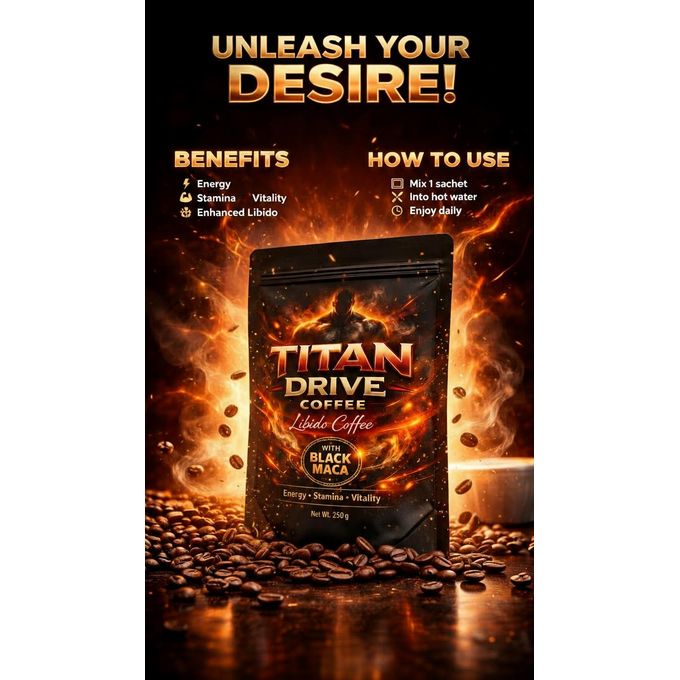 Titan Drive Libido Coffee, a dietary supplement marketed for men's health. It is an instant coffee blend featuring black maca as its key active ingredient, alongside other potential components .