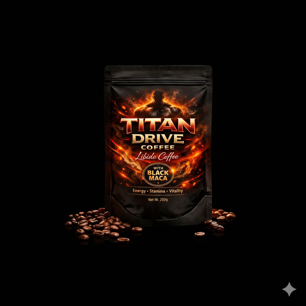 Titan Drive Libido Coffee, a dietary supplement marketed for men's health. It is an instant coffee blend featuring black maca as its key active ingredient, alongside other potential components .