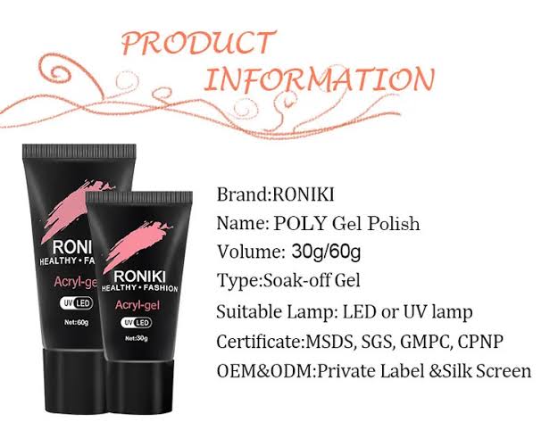 Roniki Acrylic Gel Crystal Nails UV Gel For Nail Art -60g It is a nail enhancement product that combines the strength of acrylic with the flexibility of gel systems.