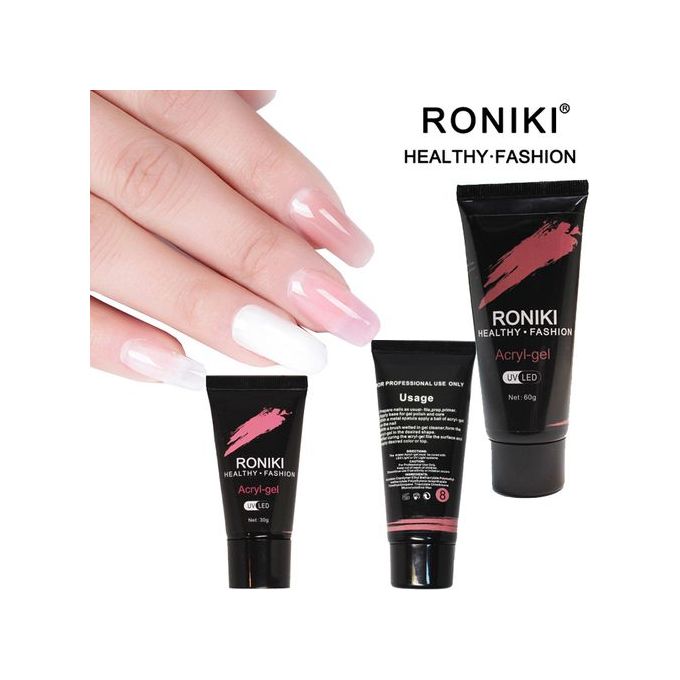 Roniki Acrylic Gel Crystal Nails UV Gel For Nail Art -60g It is a nail enhancement product that combines the strength of acrylic with the flexibility of gel systems.