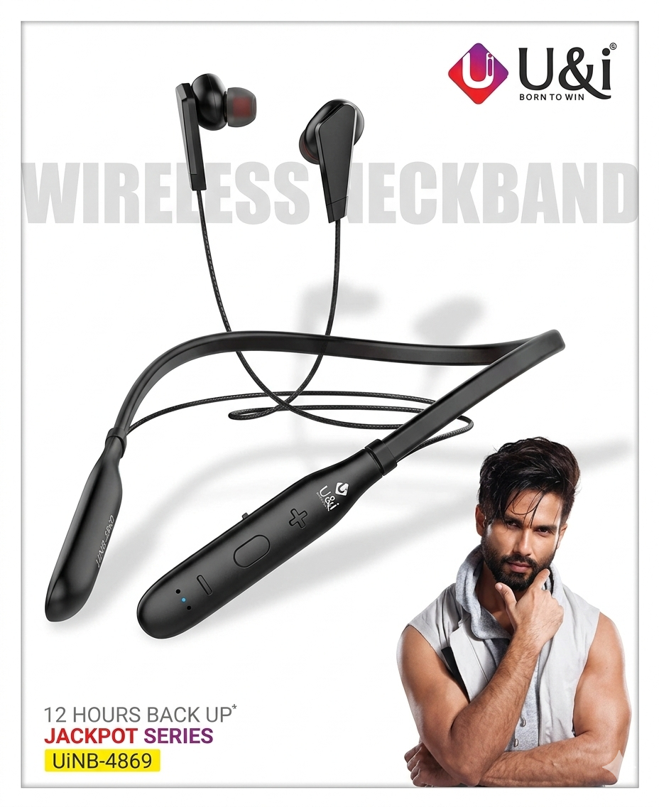 U&I Wireless Bluetooth Neck Band Headphone Earbuds Earphones Includes an integrated microphone and multifunctional controls for managing calls and volume.