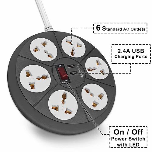 4 Way Round Extension Socket with 2 USB Ports & 1 Type-C Fast Charging – Compact Multi Plug Power Extension ensures stability and easy placement on any surface without cluttering your space.