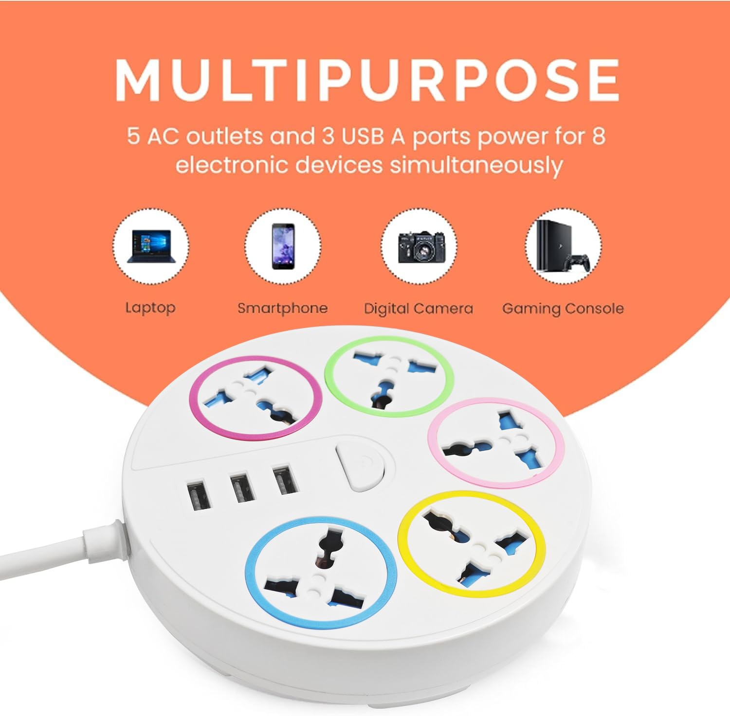 4 Way Round Extension Socket with 2 USB Ports & 1 Type-C Fast Charging – Compact Multi Plug Power Extension ensures stability and easy placement on any surface without cluttering your space.