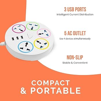 4 Way Round Extension Socket with 2 USB Ports & 1 Type-C Fast Charging – Compact Multi Plug Power Extension ensures stability and easy placement on any surface without cluttering your space.