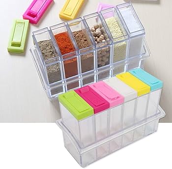 6pcs Clear Acrylic seasoning cans  a colorful flip-top lid for easy identification and access. Some models offer dual outlet holes (small holes for fine spices and larger ones for bulkier items).