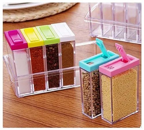 6pcs Clear Acrylic seasoning cans  a colorful flip-top lid for easy identification and access. Some models offer dual outlet holes (small holes for fine spices and larger ones for bulkier items).