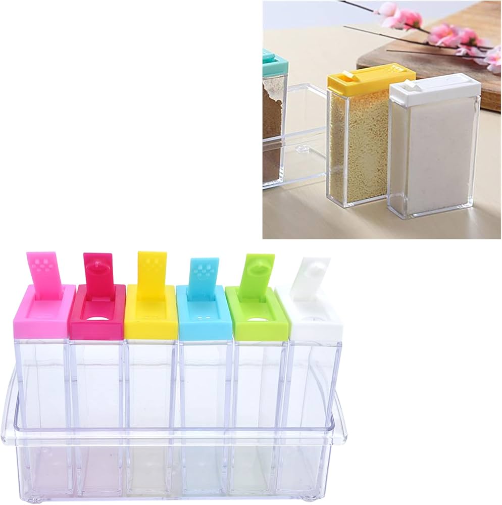 6pcs Clear Acrylic seasoning cans  a colorful flip-top lid for easy identification and access. Some models offer dual outlet holes (small holes for fine spices and larger ones for bulkier items).