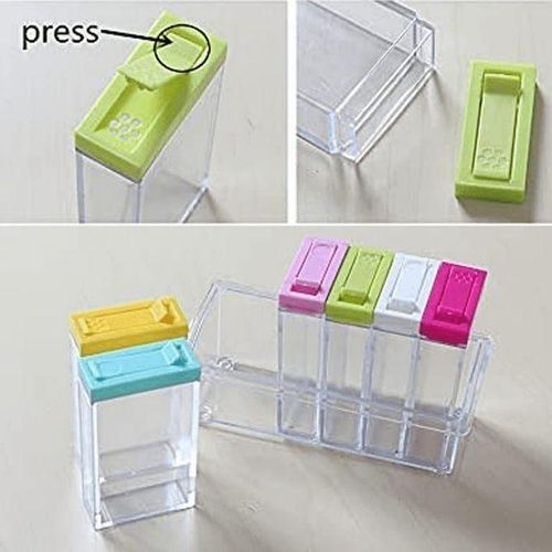 6pcs Clear Acrylic seasoning cans  a colorful flip-top lid for easy identification and access. Some models offer dual outlet holes (small holes for fine spices and larger ones for bulkier items).