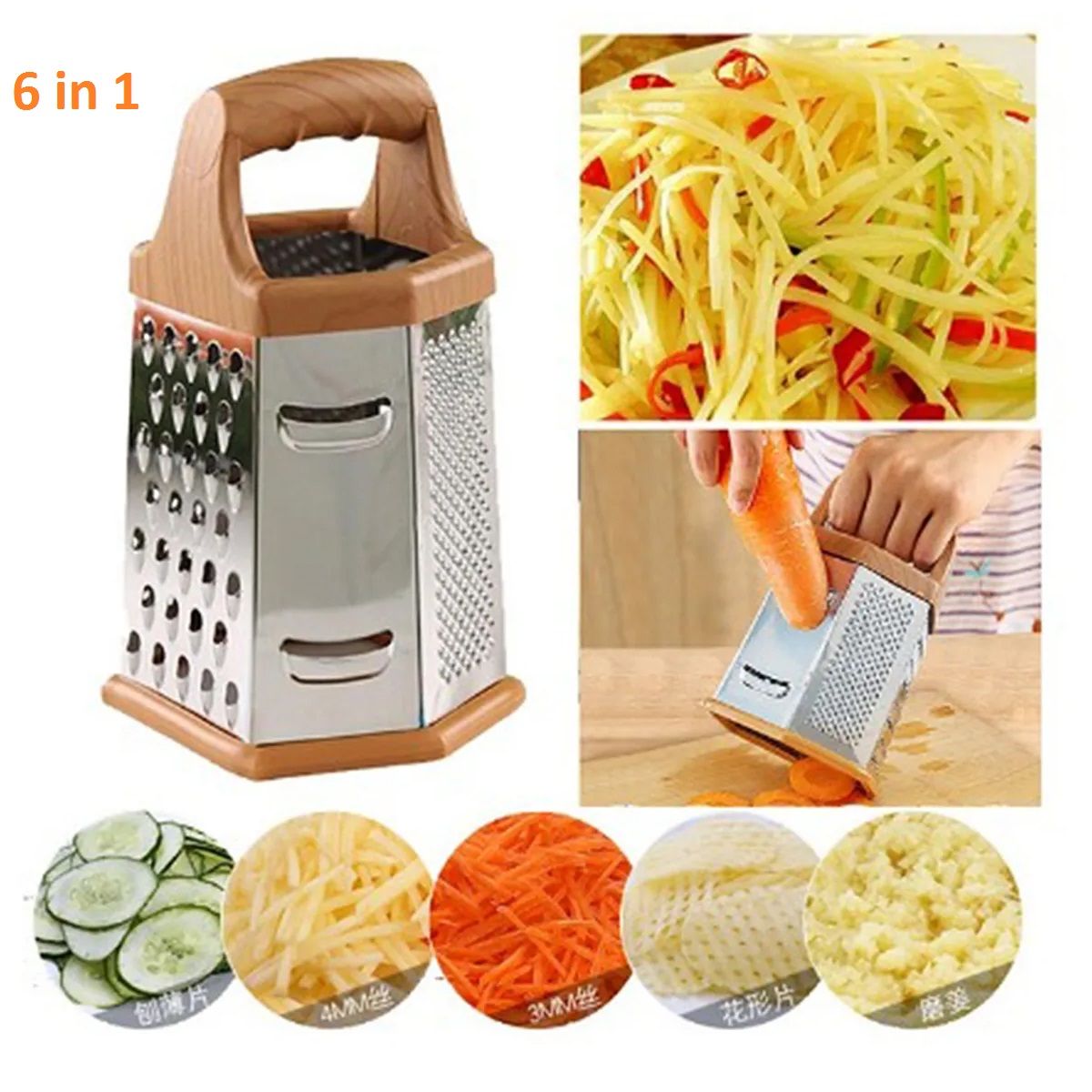 6-Sided Stainless Steel Multipurpose Grater and Slicer Ginger Cheese Cabbage Onion Potato Slicer Chopper Shredder Grater Made from rust-resistant stainless steel for long-lasting use and easy cleaning