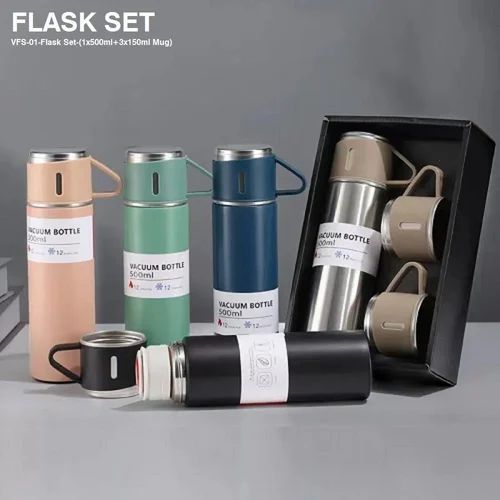 500ml Vacuum Flask Set - Insulated Flask for Men w/ 3 Cups Gift Set - Hot Water Thermos Bottle and Cold Drinks Flask - Reusable Stainless Steel Thermal Bottle for Indoor and Outdoor Activities.