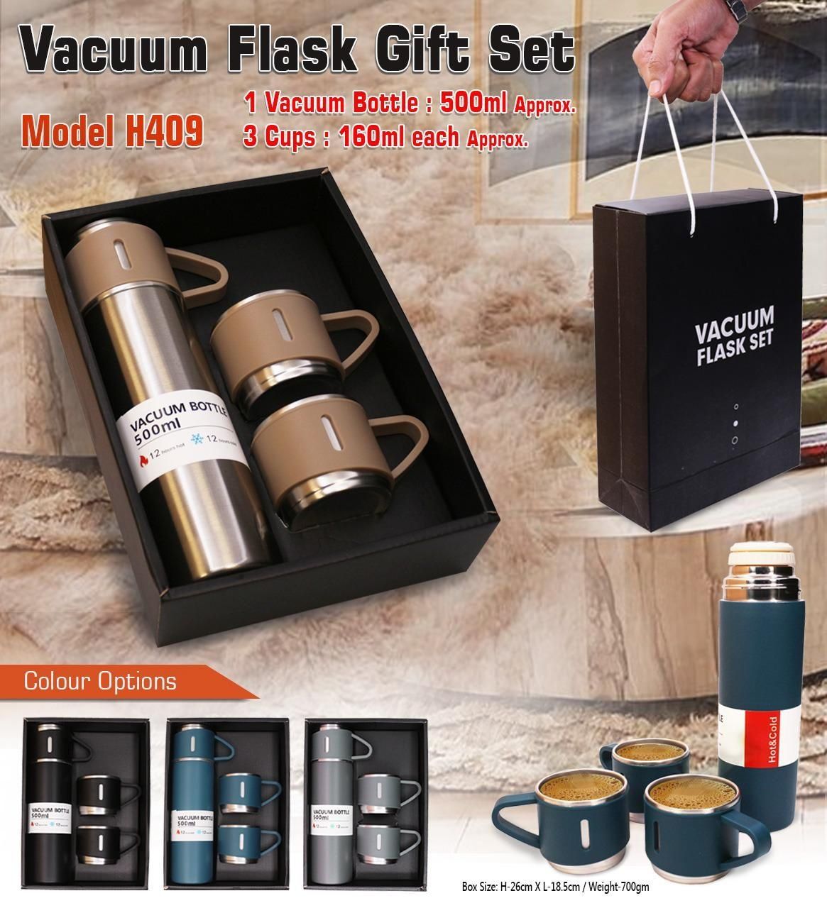 500ml Vacuum Flask Set - Insulated Flask for Men w/ 3 Cups Gift Set - Hot Water Thermos Bottle and Cold Drinks Flask - Reusable Stainless Steel Thermal Bottle for Indoor and Outdoor Activities.