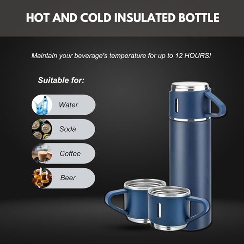 500ml Vacuum Flask Set - Insulated Flask for Men w/ 3 Cups Gift Set - Hot Water Thermos Bottle and Cold Drinks Flask - Reusable Stainless Steel Thermal Bottle for Indoor and Outdoor Activities.