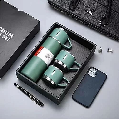 500ml Vacuum Flask Set - Insulated Flask for Men w/ 3 Cups Gift Set - Hot Water Thermos Bottle and Cold Drinks Flask - Reusable Stainless Steel Thermal Bottle for Indoor and Outdoor Activities.