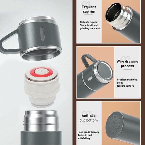500ml Vacuum Flask Set - Insulated Flask for Men w/ 3 Cups Gift Set - Hot Water Thermos Bottle and Cold Drinks Flask - Reusable Stainless Steel Thermal Bottle for Indoor and Outdoor Activities.