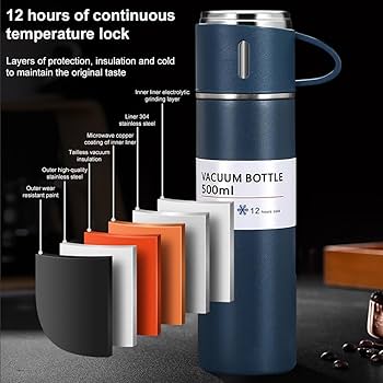 500ml Vacuum Flask Set - Insulated Flask for Men w/ 3 Cups Gift Set - Hot Water Thermos Bottle and Cold Drinks Flask - Reusable Stainless Steel Thermal Bottle for Indoor and Outdoor Activities.