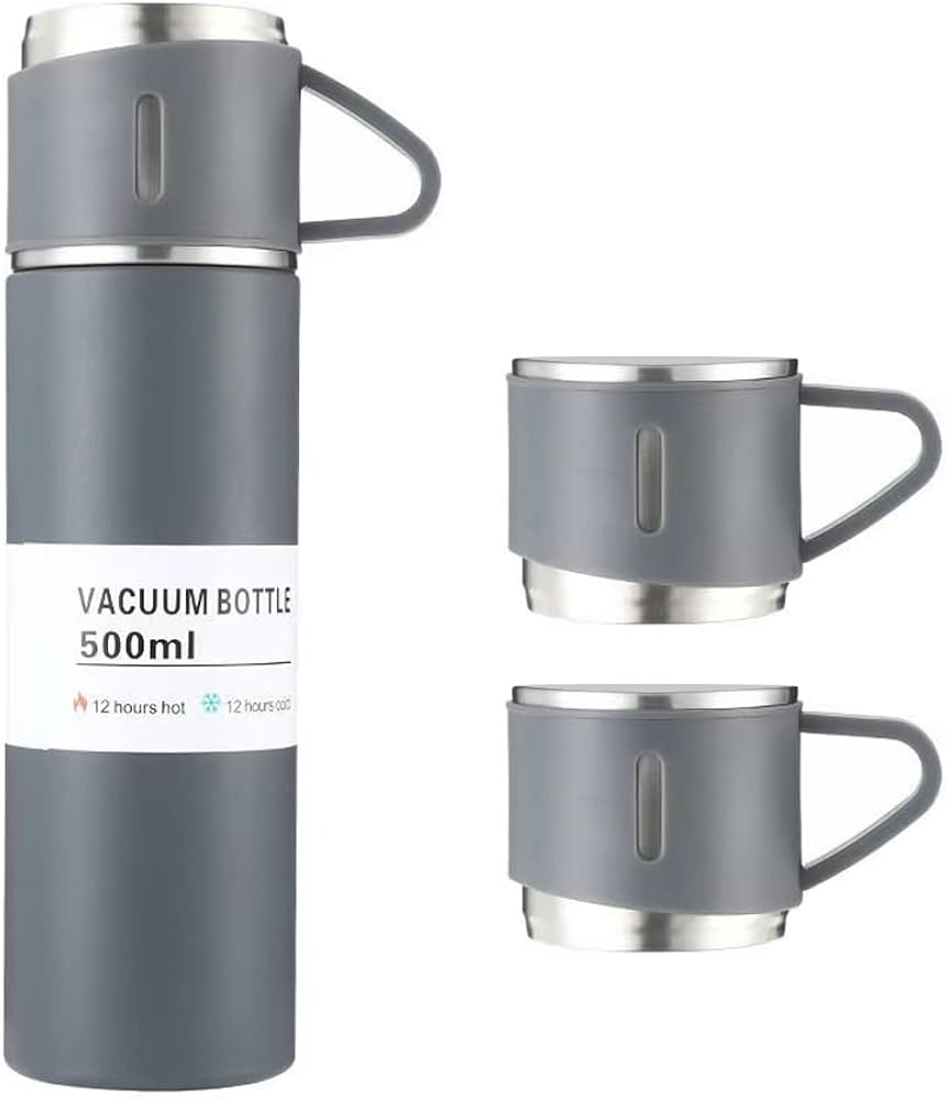 500ml Vacuum Flask Set - Insulated Flask for Men w/ 3 Cups Gift Set - Hot Water Thermos Bottle and Cold Drinks Flask - Reusable Stainless Steel Thermal Bottle for Indoor and Outdoor Activities.