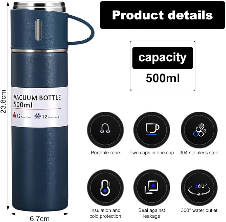 500ml Vacuum Flask Set - Insulated Flask for Men w/ 3 Cups Gift Set - Hot Water Thermos Bottle and Cold Drinks Flask - Reusable Stainless Steel Thermal Bottle for Indoor and Outdoor Activities.