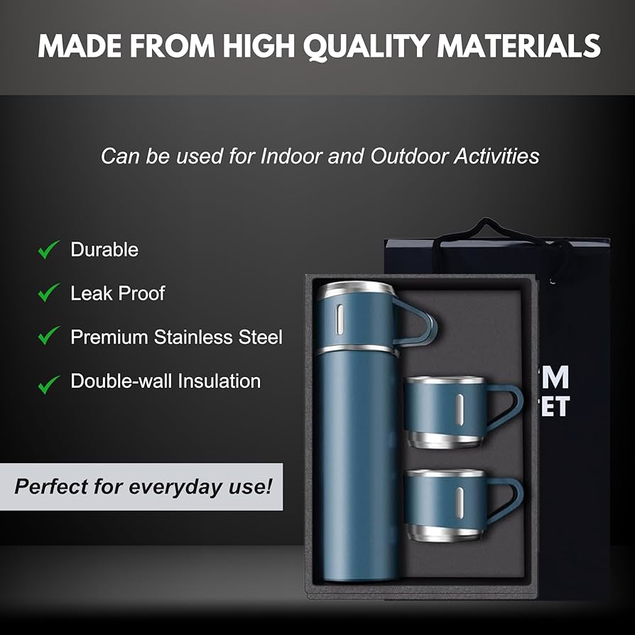 500ml Vacuum Flask Set - Insulated Flask for Men w/ 3 Cups Gift Set - Hot Water Thermos Bottle and Cold Drinks Flask - Reusable Stainless Steel Thermal Bottle for Indoor and Outdoor Activities.