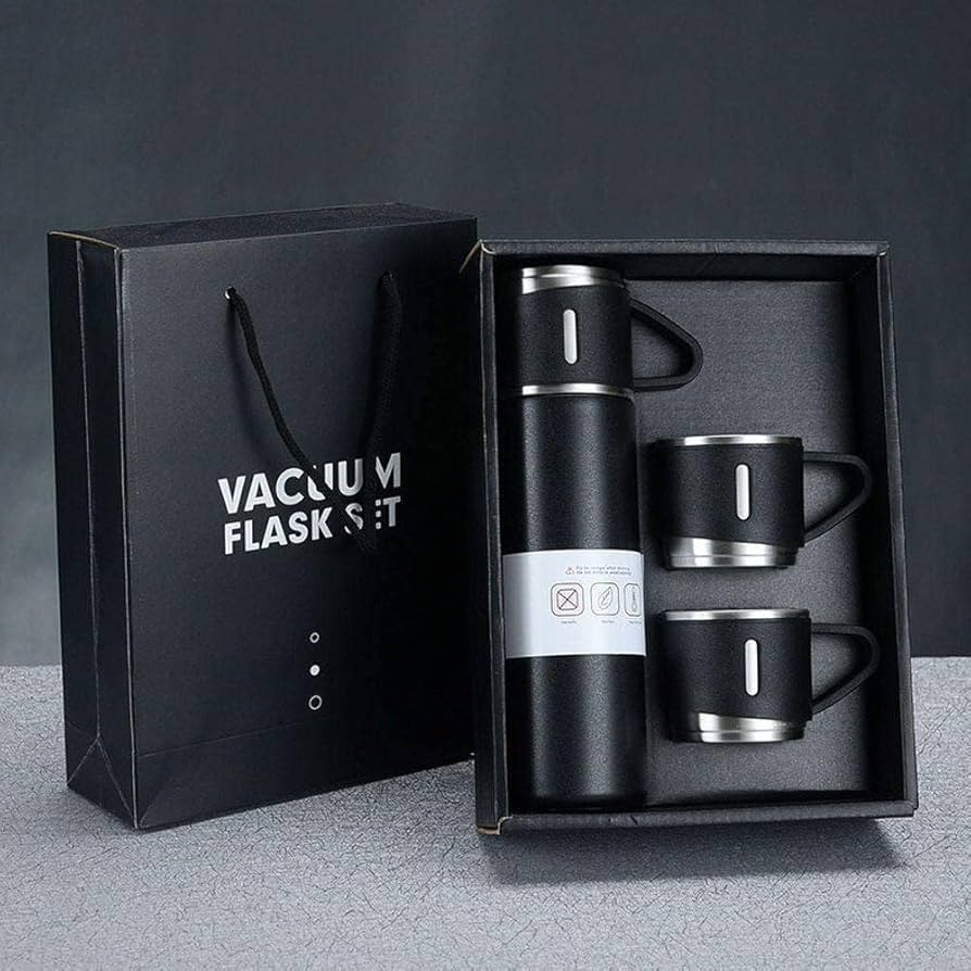 500ml Vacuum Flask Set - Insulated Flask for Men w/ 3 Cups Gift Set - Hot Water Thermos Bottle and Cold Drinks Flask - Reusable Stainless Steel Thermal Bottle for Indoor and Outdoor Activities.