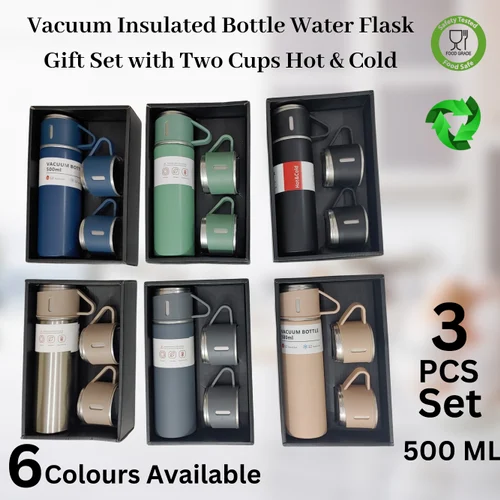 500ml Vacuum Flask Set - Insulated Flask for Men w/ 3 Cups Gift Set - Hot Water Thermos Bottle and Cold Drinks Flask - Reusable Stainless Steel Thermal Bottle for Indoor and Outdoor Activities.
