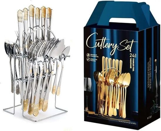 24pcs Heavy Duty Quality Cutlery Sets(GOLD, SILVER) set is inclusive of 6 Dinner Spoons, 6 Dinner Forks, 6 Teaspoons, and 6 Tea Spoons.it is made of stainless steel, which is known for its longevity .