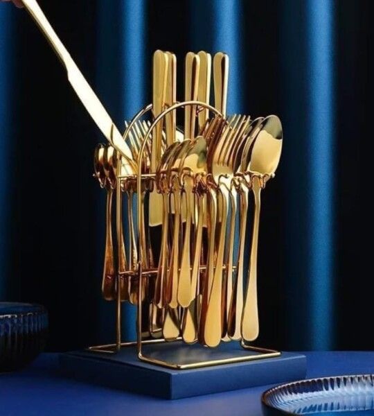 24pcs Heavy Duty Quality Cutlery Sets(GOLD, SILVER) set is inclusive of 6 Dinner Spoons, 6 Dinner Forks, 6 Teaspoons, and 6 Tea Spoons.it is made of stainless steel, which is known for its longevity .