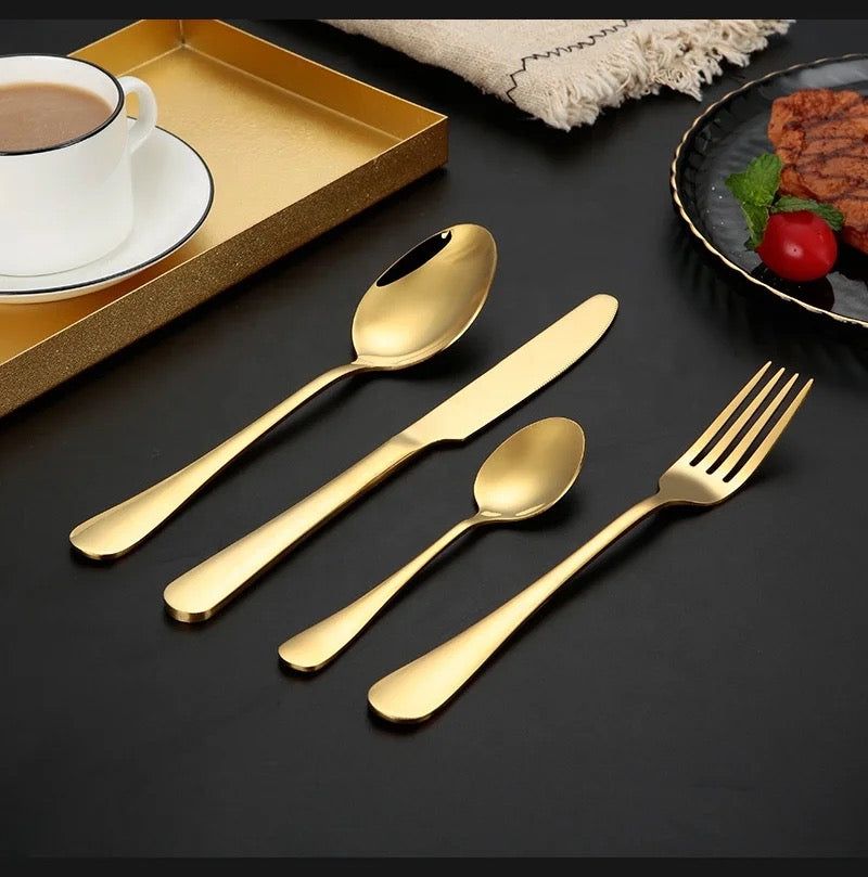 24pcs Heavy Duty Quality Cutlery Sets(GOLD, SILVER) set is inclusive of 6 Dinner Spoons, 6 Dinner Forks, 6 Teaspoons, and 6 Tea Spoons.it is made of stainless steel, which is known for its longevity .