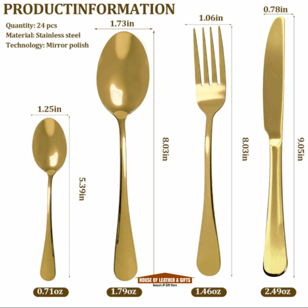 24pcs Heavy Duty Quality Cutlery Sets(GOLD, SILVER) set is inclusive of 6 Dinner Spoons, 6 Dinner Forks, 6 Teaspoons, and 6 Tea Spoons.it is made of stainless steel, which is known for its longevity .