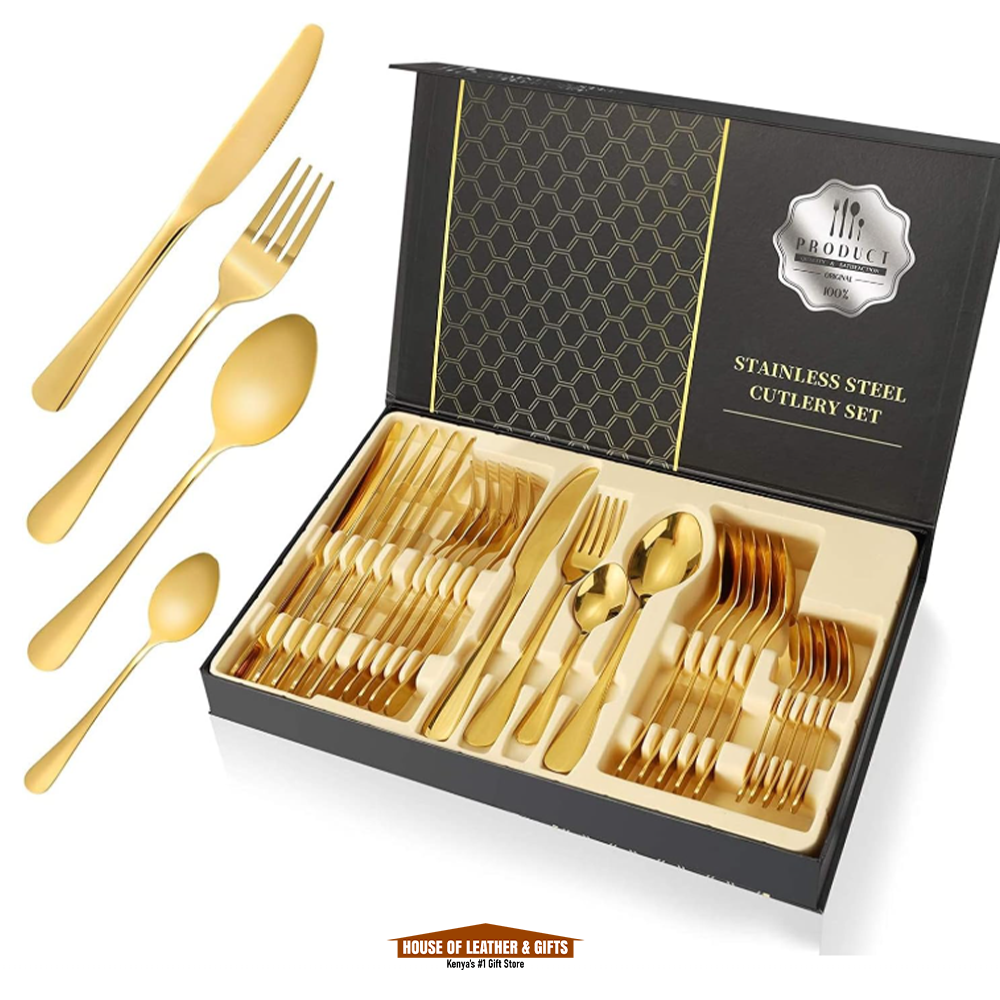 24pcs Heavy Duty Quality Cutlery Sets(GOLD, SILVER) set is inclusive of 6 Dinner Spoons, 6 Dinner Forks, 6 Teaspoons, and 6 Tea Spoons.it is made of stainless steel, which is known for its longevity .