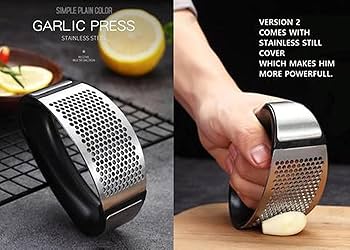 Handheld Garlic Press, Heavy Duty Stainless Steel Garlic Crusher, Easy to Use Kitchen Tool for Fresh Garlic, Ginger, and Herb Mincing, Ergonomic Non-Slip Handle, Dishwasher Safe.