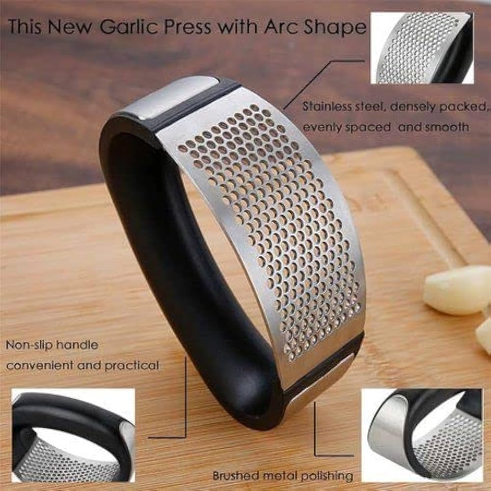 Handheld Garlic Press, Heavy Duty Stainless Steel Garlic Crusher, Easy to Use Kitchen Tool for Fresh Garlic, Ginger, and Herb Mincing, Ergonomic Non-Slip Handle, Dishwasher Safe.