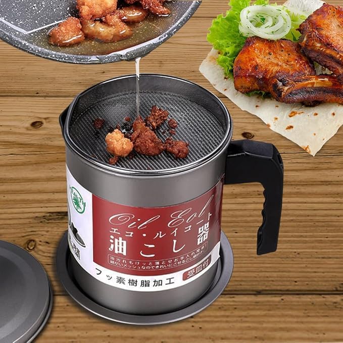 1.4L Strainer Oil Cooking Oil Filter Storage Oil Container Leakage Proof Oil Strainer Kitchen Oil Tank Cooking Oil Stainless-Steel Oil Filter Storage .Designed to remove food particles and impurities.