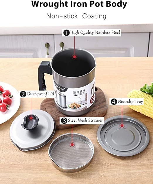 1.4L Strainer Oil Cooking Oil Filter Storage Oil Container Leakage Proof Oil Strainer Kitchen Oil Tank Cooking Oil Stainless-Steel Oil Filter Storage .Designed to remove food particles and impurities.
