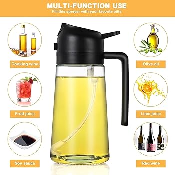 2in1 Glass Oil Dispenser Bottle with Spray and Pour Function – 300ml Leakproof Olive Oil Sprayer for Cooking, Baking, and Salad Dressing, Refillable Kitchen Accessory both spray and pour modes.